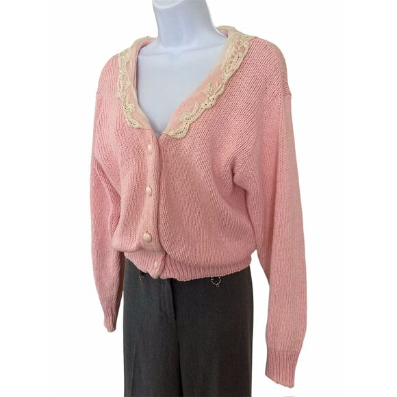 Vintage 80s Lace Collar Coquette Boho Cottage Preppy Pink Cardigan Sweater S - Picture 2 of 8